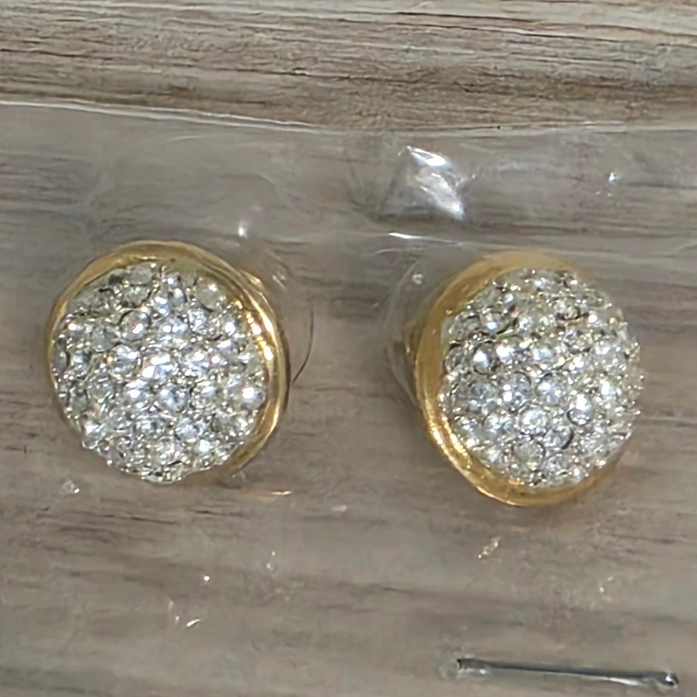 VTG Gold Tone Clear Pave Crystal Round Dome Stud Earrings Classic Glam Sparkle